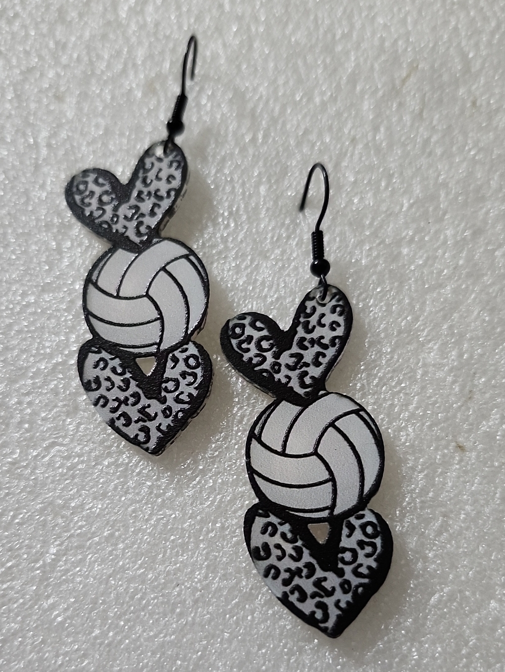 Hand Crafted Black and White Leopard Heart Volleyball Dangle Earrings